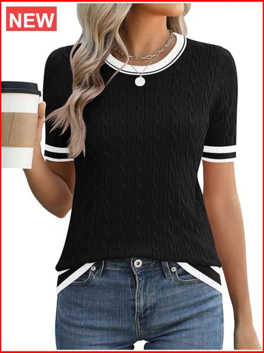 Short Sleeve Cable Knit Sweater Crewneck Lightweight Viscose Nylon